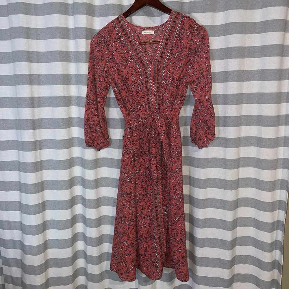 Max Studio Red Patterned Long Sleeve Dress Small Like New